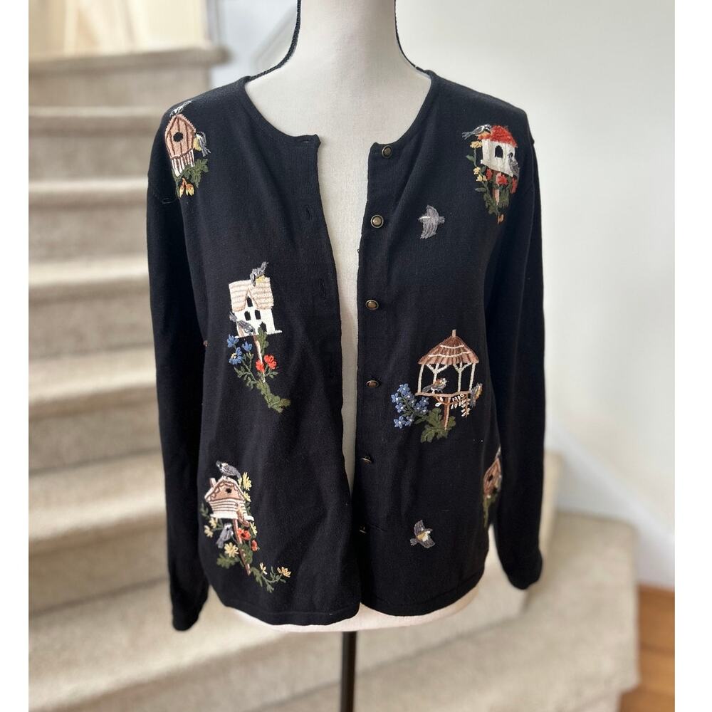 Vintage 90s Birdhouse Black Claire Murray Embroidered Cardigan